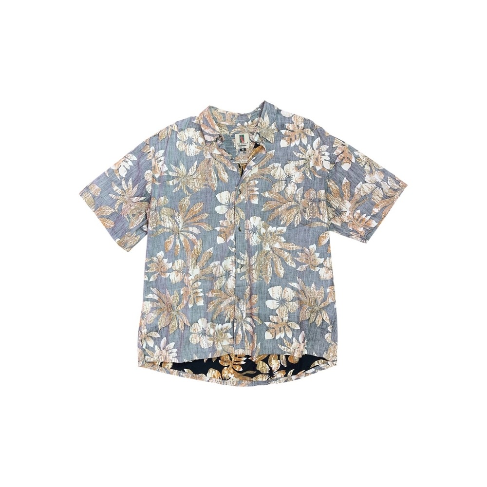 Tori Richard Vintage Men XL Tan Floral Reverse Print Cotton Aloha Camp Shirt USA